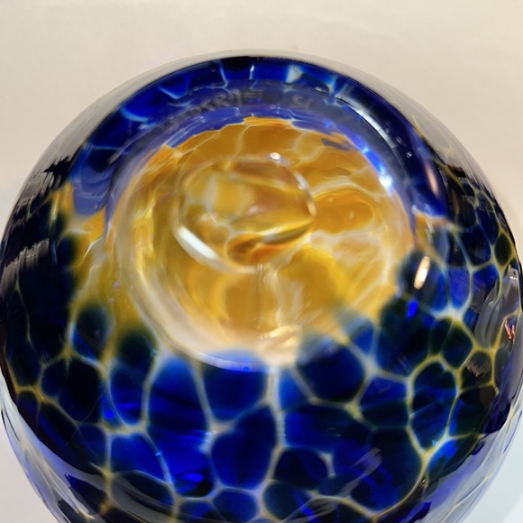 Hand Blown Art Glass Oil Lamp With Wick - Round - Blue/0range/Yellow - signed - Picture 4 of 6